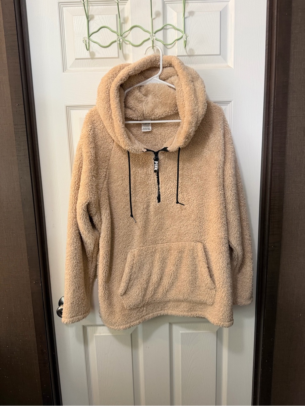 Victoria’s Secret PINK Tan Cozy Teddy Sherpa Quarter Zip Hoodie Warm Comfy Sz L - Picture 2 of 7